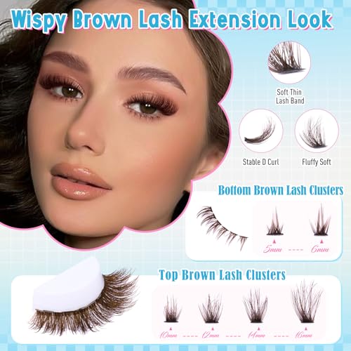 Yawamica Brown Lash Clusters Kit Fluffier Wispy Eyelash Extension Kit with Bottom Lashes 40D Volume Eyelash Clusters 10-16mm Individual Lashes with Brown Bond and Seal and Tweezers DIY Lash