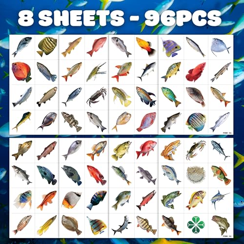 Pre-Cut Fishing Temporary Tattoos - Gone Fishing Fish Lake 96PCS Funny Fish-Themed Stickers for Kids' Birthday Party Supplies, Decorations, Favors, and Prizes - Cute Gifts for Boys and Girls