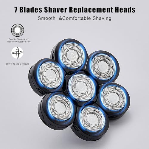 7 Blades Head Shaver Replacement Heads, Universal Fit for Electric Razors, Wet & Dry Use, 7D Floating Design, Stainless Steel Blade Heads, Ideal for Men's Face & Bald Head Shaving (3 Count)