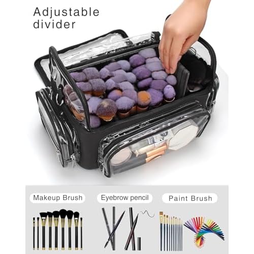 TANTO Makeup Brush Case, Clear Extra Large Cosmetic Organizer Holder Professional Makeup Artist Train Case with Adjustable Dividers&Strap Portable Makeup Brush Holder (02A-Black£¨XX Large£©)