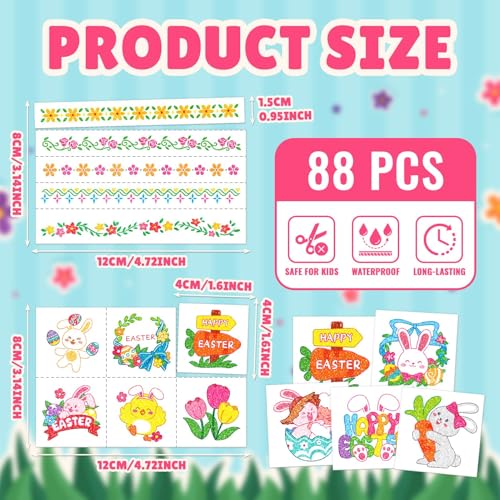 EMOME Glitter Easter Tattoos for Kids, 88 PCS Tattoo Stickers for Egg Decorating Kit, Eater Egg Fillers, Basket Stuffers, Party Favor Decoration, Kids Easter Crafts Game Activities Essentials