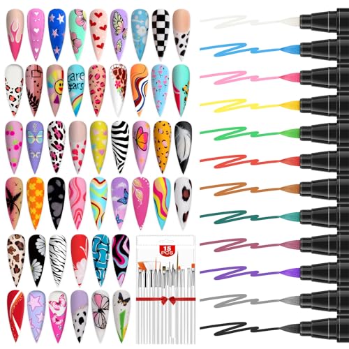 SAVILAND Nail Art Pens & Gel Paint Kit: 12 Quick-Dry 3D Nail Polish Pens Acrylic Paint Markers, 48 Colors Gel Nail Polish 15pcs Nail Art Brushes for Home Salon DIY Manicure Nail Art Design