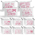 Y1tvei Bow Bible Cosmetic Bags - 30Pcs Pink Coquette Mini Bible Verse Makeup Bag with Zipper, White Canvas Large Capacity Cosmetic Bags Set Gifts Bulk for Women Girls Inspirational Church Party Favors