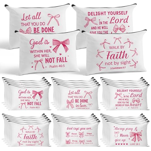 Y1tvei Bow Bible Cosmetic Bags - 30Pcs Pink Coquette Mini Bible Verse Makeup Bag with Zipper, White Canvas Large Capacity Cosmetic Bags Set Gifts Bulk for Women Girls Inspirational Church Party Favors
