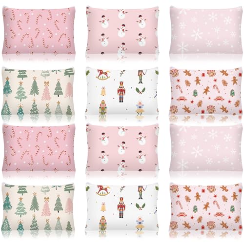 12 Pcs Christmas Makeup Bags Christmas Canvas Cosmetic Bags Bulk 9 x 6 Inches Pencil Pouch with Zipper Travel Toiletry Pouch for Women Winter Holiday Xmas Party Favor Gift(Cute Pink)