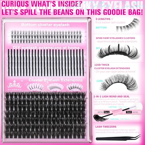 Lash Clusters with Spikes Kit with Bottom Eyelash Extensions Thick Volume Eyelash Clusters Kit Wispy Individual Lash Extensions Kit with Lash Bond and Seal (12mm-19mm, 312Pcs)