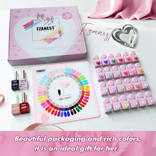 FZANEST 30pcs Gel Nail Polish Set, HEAM-free TPO-free Professional 10ml 26 Bright Spring Summer Candy Colors DIY Gel Nail Kit with Base Top Coat, Matte Top & Blooming ? Unique Pink Heart Shaped Bottle