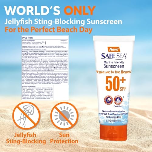 SAFE SEA Jellyfish Sting-Blocking Sunscreen, SPF 50+ travel Size Lotion, Waterproof, Biodegradable, Coral Reef-Safe, Body and Face Sunscreen, Anti-Jellyfish and Sea-Lice sting protection (Tube 3.4 oz)