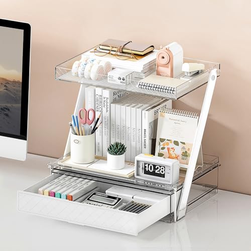 3-Tier Bathroom Countertop Makeup Organizer - Tall Big Make Up Storage with Slide-Out Tray & Bottom Drawer, Transparent Acrylic for Cosmetics Brushes Lipsticks Skincare