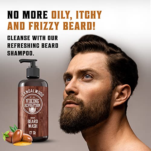 Viking Revolution Sandalwood Beard Wash and Beard Conditioner for Men (17 Oz each), Sandalwood Beard Balm (2 Oz) and Beard Oil (1 Fl Oz) - Beard Care Softener and Strengthener