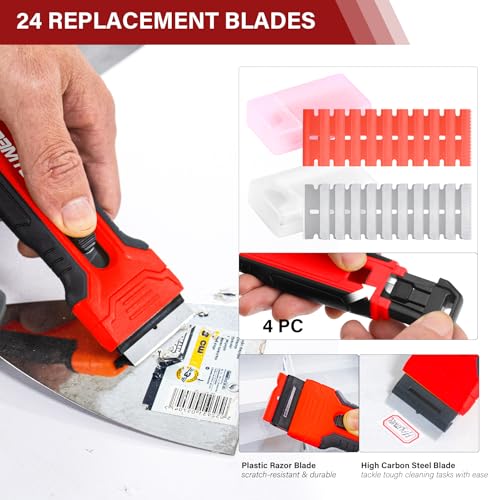 HAUTMEC Razor Blade Scraper Tool With 24Pcs Extra Blades, 10 Plastic Rozor Blades, 14 Carbon Steel Razor Blades, Removing Decals, Stickers, Labels for Glass, Tile, Window, Car, Cooktops 25031