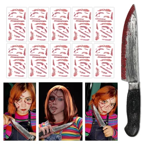 Chucky Makeup Kit Halloween Scars Fake Stitches Chucky Knife Toy Chucky Tattoo Halloween Face Scar Tattoo Temporary Chucky Costume Accessories for Halloween Party, Red