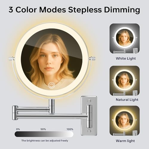1X/20X Wall Mounted Makeup Mirror with Lights, 8" Double Sided Bathroom Magnifying Mirror with 360¡Æ Extension Arm, Dimmable, Rechargeable, Touch Control, Chrome