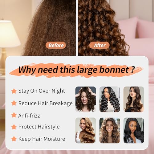 5 Pack Satin Bonnet for Women, 30cm Adjustable No-Slip Sleep Cap for Curly Hair, Breathable Head Wrap for Sleeping & Skincare