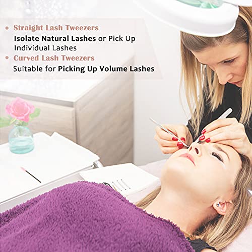 Lash Tweezers for Eyelash Extensions, Lankiz Eyelash Tweezers for Lash Extensions Stainless Steel Straight and Curved Volume Lash Tweezers Set Kit (2PCS-Rose)