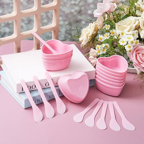 5 Sets Facial Bowls Plastic Heart Shaped Facial Mask Mixing Set with Spatula Pink Facemask Bowl DIY Skin Care Mixing Tool Kit Esthetician Supplies for Lady Women Home Beauty Salon