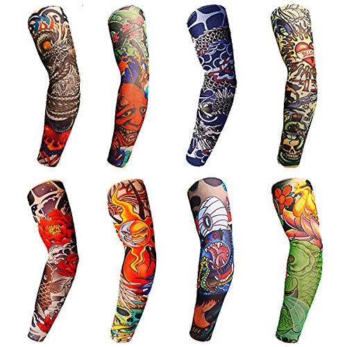 Toirxarn 8PCS Tattoo Sleeves Cool Temporary Sunscreen Arm Sleeves for Men Women Cycling Running Driving Sports