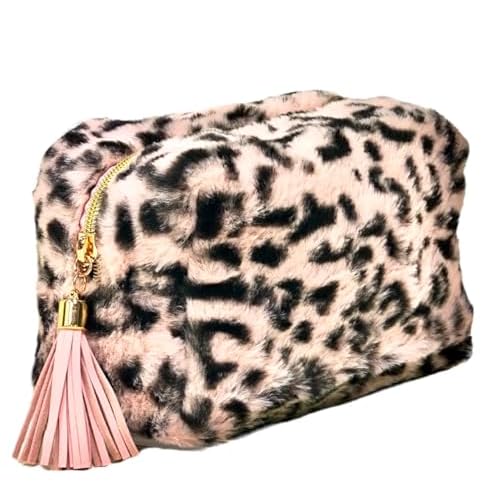 Tristan Home Plush Leopard Print Cosmetic/Toiletry Bag with Brown Tassel, Faux Fur Makeup Pouch, Small Handbag, Gold Zipper, Medium (Pink)