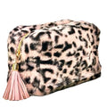 Tristan Home Plush Leopard Print Cosmetic/Toiletry Bag with Brown Tassel, Faux Fur Makeup Pouch, Small Handbag, Gold Zipper, Medium (Pink)