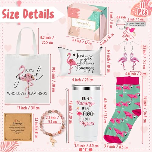 Y1tvei Flamingo Canvas Bag Gifts - 11Pcs Just A Girl Who Love Flamingos Canvas Tote Bag Makeup Pouch, Thermos Cup Stockings Pink Bracelet Card Adorable Earrings Keychain, Flamingo Lover Gift for Girls
