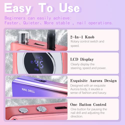 Kylara Electric Nail Drill Professional,45000RPM Portable Nail Drill Kit Cordless E Filer for Acrylic Gel Nails Polishing Removing with LED Display,Low Noise Electric Nail File for Salon&Home