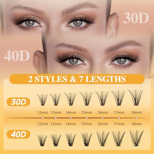 QUEWEL Lash Clusters Kit, 280 Pcs Lash Clusters 30D 40D 12-18mm Thin Band Lashes Clusters Natural Look Eyelash Extension Kit With Lashes Bond Seal Eyelashes Tweezers (LSTZ-30D+40D)