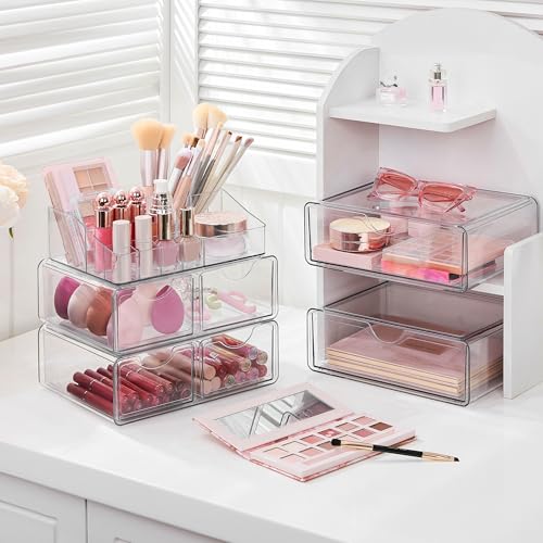 Vtopmart 5 Tier Clear Makeup Organizer with Drawer, Cosmetic Storage for Dresser Countertop and Bathroom Vanity, Beauty Holder for Lipstick Brush Skincare