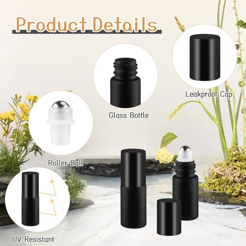 24 Pcs Essential Oil Roller Bottles Black Frosted Glass Roll On Bottle Empty Cosmetic Jars with Stainless Steel Roller Balls & Black Lids for Perfume Travel - 0.17oz/5ml