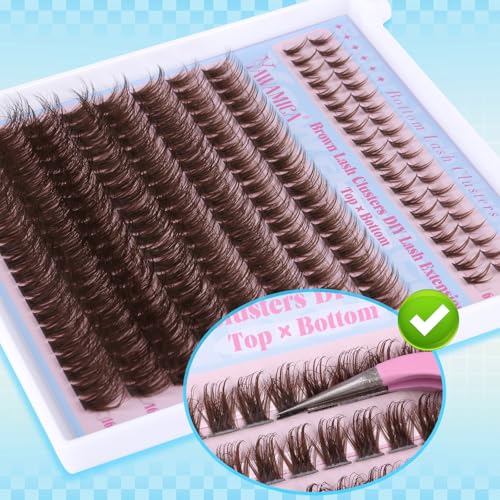 Yawamica Brown Lash Clusters Kit Fluffier Wispy Eyelash Extension Kit with Bottom Lashes 40D Volume Eyelash Clusters 10-16mm Individual Lashes with Brown Bond and Seal and Tweezers DIY Lash