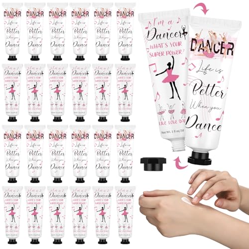 Loopeer 24 Pcs International Dance Day Gifts Bulk Double Side Hand Cream Set Small Motivational Dancer Team Gift Travel Size Moisturizing Hand Cream for Granddaughter Daughter Women Dry Cracked Hands
