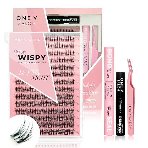 One V Salon DIY Individual Lash Extension Kit 4-Pack, Includes 154 Pc Miss Wispy Lash Clusters(Day to Night), Waterproof Lash Bond and Seal, Eyelash Applicator Tool and Lash Extension Remover