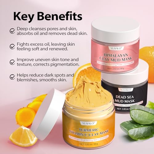 YLNALO Women's Day Skincare Gift 3 Pcs Clay Facial Mask Set - Turmeric Vitamin C, Dead Sea and Himalayan Clay Skin Care Mask for Deep Cleansing, Moisturizing, and Refining Pores, Spa Facial Mask Set