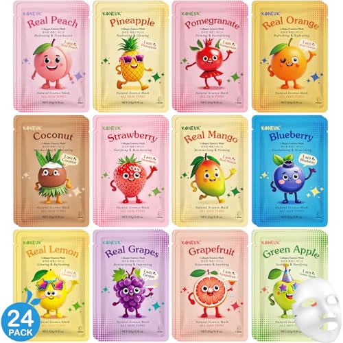 24 Pack Fruit Kids Face Mask, Collagen Hydrating Face Masks Skincare for Teens Girls, Skin Care for Kids, Spa Party Supplies and Bulk Birthday Gifts for Women, Easter Basket Stuffers