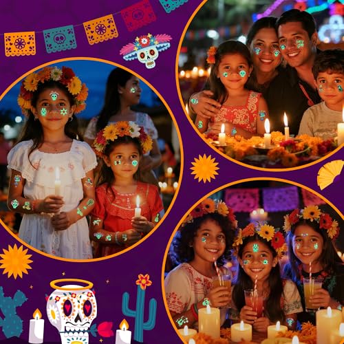 Day of the Dead Face Tattoos, Day of the Dead Decorations Party Favors Glow, Dia De Los Muertos Sugar Skull Temporary Tattoos for Kids, Day of the Dead Crafts Decor
