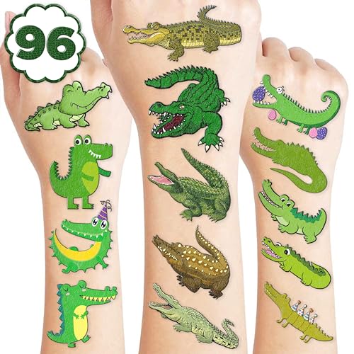 96 PCS Alligator Pre-Cut Temporary Tattoos Birthday Party Decorations Supplies Favors Alligator Crocodile Animal Decor Stickers Girls Boys Gift School Prizes Rewards