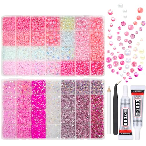 2 Big Boxes Pink Resin Pearls and Rhinestones w B7000 Glue for Bedazzling Crafting Flatback Stones Gems Diamonds Half Pearls Bedazzler Kit for Nails Eyes Face Makeup Tumblers Bottles Crafts