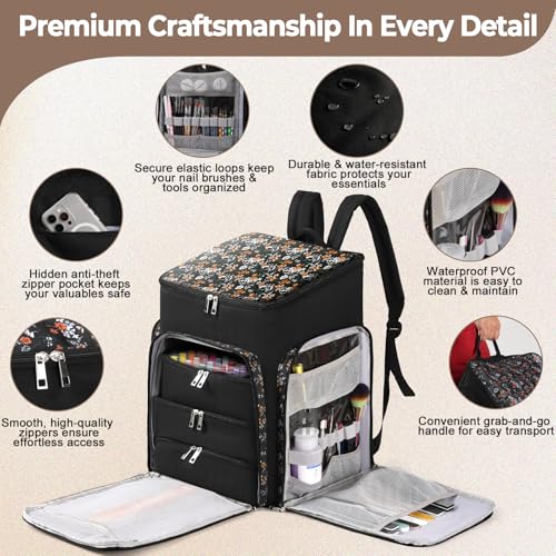 Floral Pattern Nail Polish Storage Backpack, Large Capacity Organizer Case with Multiple Compartments, Black