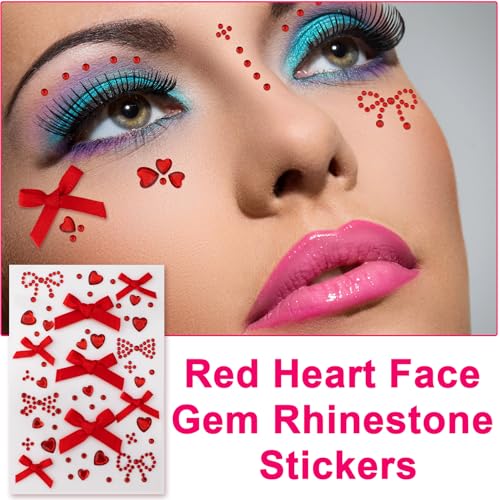 2 Sheets Bow Heart Face Gems Stickers, Bling Self-Adhesive Face Jewels for Women, Mini Rhinestones Makeup Stickers for Wedding Dating Festivals Paties- Pink