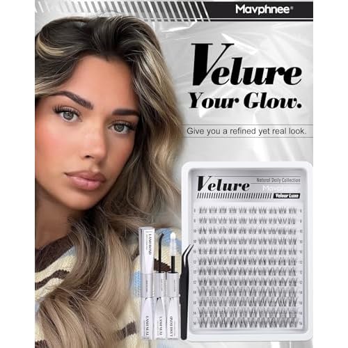 Clear Band Lash Clusters Kit Natural Cluster Eyelash Extensions Kit Wispy Individual Lashes CC-Curly Cluster Lashes Venus Eyelash Clusters Lash Bond and Seal Easy DIY Lash Kit (Velure, 8-16MM)