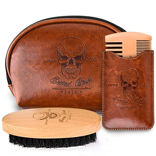 Beard Brush and Comb Set, Boar Bristle Hair Beard Brush Kit with Small Leather Travel Toiletry Bag Case for Men, Include Men's Wooden Mustache Comb