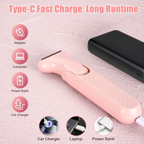 Bikini Trimmer for Women, 5 in 1 Rechargeable Electric Razors Waterproof Wet/Dry Use Body Hair Trimmer for Women & Men Pubic Hair, Private Area, Legs, Face, Nose, Eyebrow, Body (Pink)