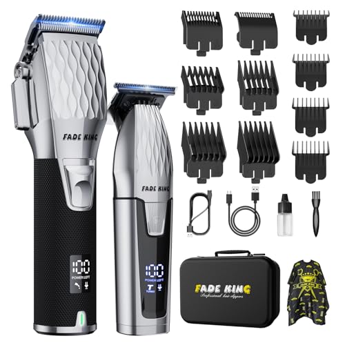 FADEKING¢ç Professional Hair Clippers for Men, Cordless Hair Clippers and Beard Trimmer for Men, Professional Barber Clippers for Hair Cutting and Beard Shaping & Grooming (Silver Black)