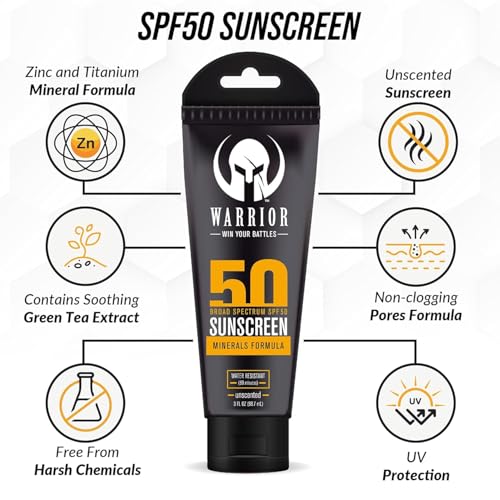 WARRIOR - WIN YOUR BATTLES- SPF 50 Sunscreen Lotion - 80 Minutes Water Resistant, Reef Safe, Unscented Lotion Non-Nao Zinc & Non-NanoTitanium Sunscreen with Mineral Formula - 3 Fl. Oz