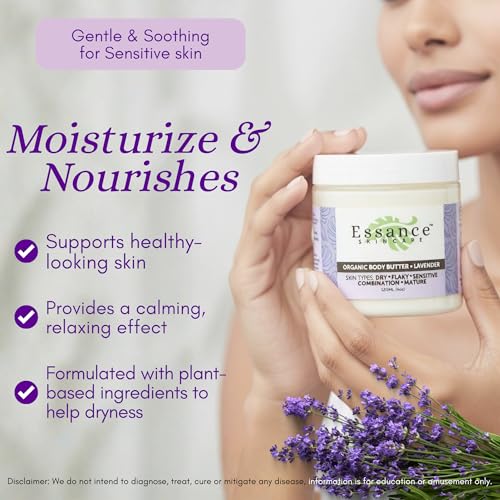 Essance Natural Lavender Body Butter 120mL | Shea Butter Raw Organic Cream for All Skins | Soft Body Cream for Hands, Feet, All Areas | Daily Body Cream for Women, Men