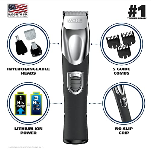Wahl USA Rechargeable Lithium Ion All in One Beard Trimmer for Men with Detail and Ear & Nose Hair Trimmer Attachment ? Model 9854-600B