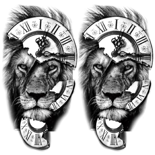 2 Sheets Realistic Animal Temporary Tattoos Stickers Black Clock Lion Designs For Men Waterproof Arm Leg Fake Body Art, Gym & Parties Bold Masculine Decals