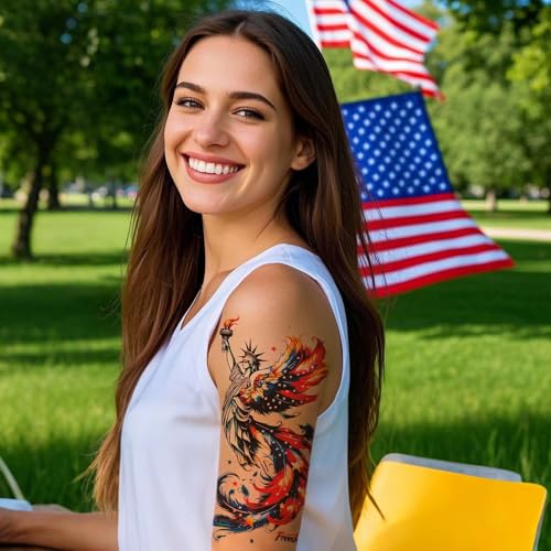 16 Sheets Independence Day Temporary Tattoos, USA Flag Patriotic Waterproof Fake Tattoos, Red White and Blue Party Supplies Tattoo Kits for 4th of July Memorial Day, Veterans Day, Summer Festivals