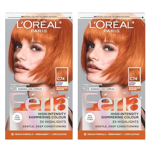 L'Oreal Paris Feria Multi-Faceted Shimmering Permanent Hair Color, C74 Intense Copper, Hair Dye Kit, Pack of 2