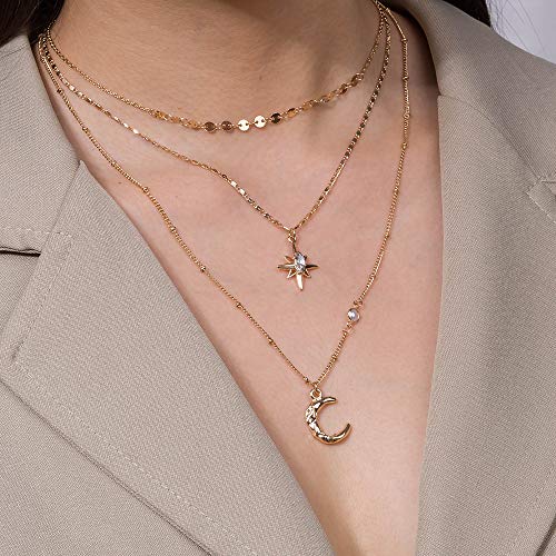 Boho Simple Gold Moon and Star Sequins Layered Necklace Dainty Pearls Chain Moon Pendant Long Necklaces Jewelry for Women