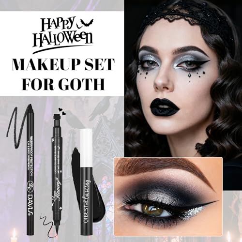 Halloween Makeup Kit for Goth Cosplay, Black Lip Liner Pencil, Matte Lipstick & Black Liquid Eyeliner Stamp, Long-Lasting Makeup Kit for Halloween Cosplay Goth SFX Looks